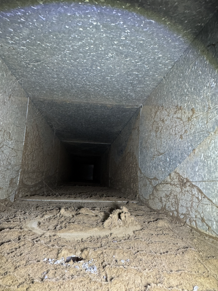 Before air duct cleaning showing dust buildup inside residential ductwork in Novi, Michigan